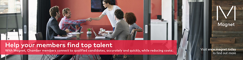 Help your members find top talent. With Magnet, Chamber members connect to qualified candidates, accurately and quickly, while reducing costs. Visit www.magnet.today to find out more. Magnet logo